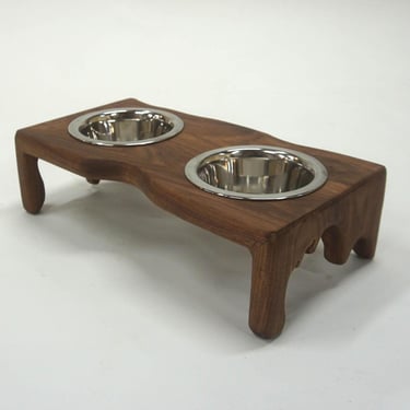 Modern Pet Bowl, Wooden Pet Feeding Tray with Dripped Edge Design and Metal Bowls - Walnut 