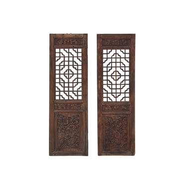 Pair Chinese Vintage Restored Wood Brown Flower Carving Wall Hanging Art ws3671E 