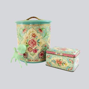 Large Daher Nesting Tin made in Holland, Mint Green Pink Blue Kitchen Storage Canister, SwirlingOrange11 