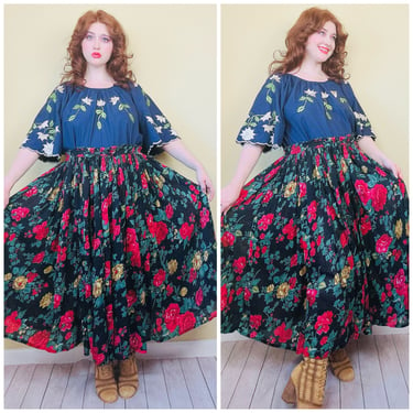 1990s Vintage Le Mieux Tall Indian Cotton Broomstick Skirt / 90s Sheer Floral Rose Sheer Midi Skirt / One Size 