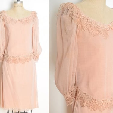 vintage 80s top skirt set pink crochet trim outfit secretary blouse shirt XS/S clothing 