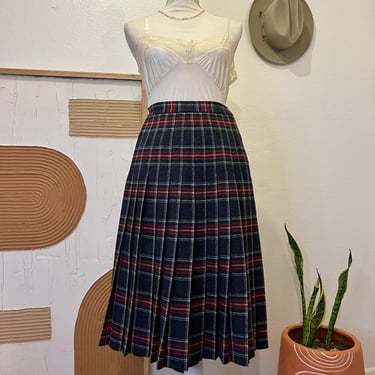 Vintage Handmade Plaid Wool Pleated High Waisted Midi Fall Folk Skirt XS 