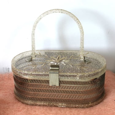 Vintage 1950's Lucite Silver Glitter Confetti Metal Basket MW Handbag Purse lunch box / Hollywood Regency MCM 