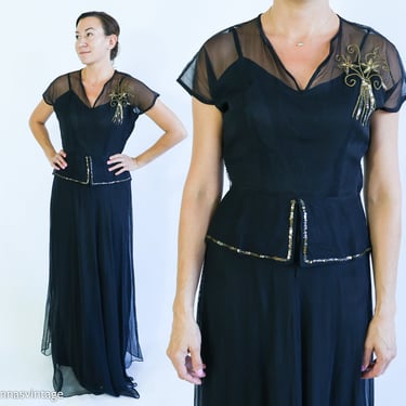 1940s Black Crepe Evening  Dress | 40s Black Sheer Sequin Formal Dress l Medium 