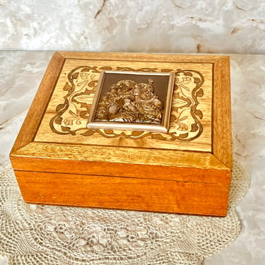 Ornate Inlaid Wood Jewelry Box, Cherubs, Angels, Trinket Chest, Beautiful Inlay, Vintage Decor 