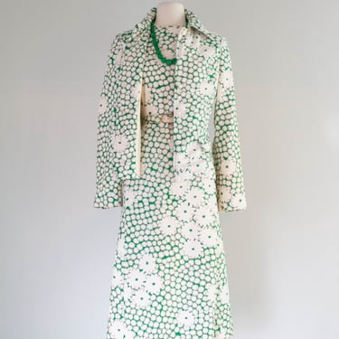 Fabulous 1960's Kelly Green &amp; White Cotton Spring Dress Set / ML