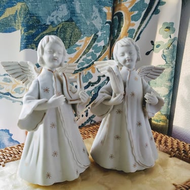 Vintage Porcelain bisque white and gold angel figurine candleholders SCHMID Porcelain made in Japan 