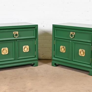 Baker Furniture Style Mid-Century Modern Hollywood Regency Green Lacquered Nightstands, Newly Refinished