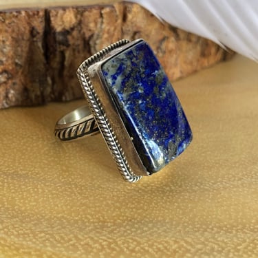 TRUE BLUE Chimney Butte Sterling Silver & Lapis Ring | Native American Southwestern Boho Navajo Jewelry | Chunky Rectangle Stone | Size 6.5 