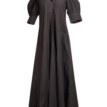 Ganni - Black Poplin Collared Puffed-Sleeve Midi Dress Sz 4