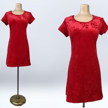 VINTAGE 90s Red Stretch Velvet Roses Mini Dress by Knapp Studio Sz M | 1990s Burnout Velvet Party Dress | VFG 