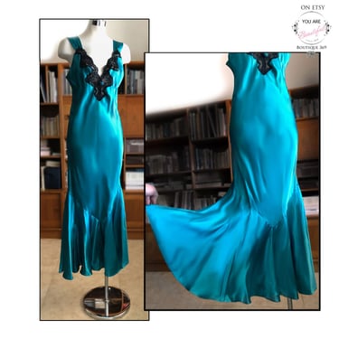 Vintage Teal Silk Satin MERMAID Long GOWN Lace Nightgown Lingerie MED Blue Green 