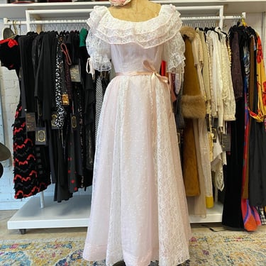 Vintage 1980s pink and white chiffon prom dress, heart print puff sleeve ruffled 