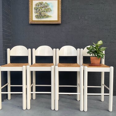 White Lacquer Rush Seat Counter Stools