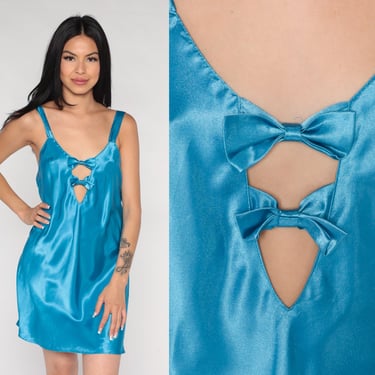Y2K Lingerie Nightgown Blue Satin Keyhole Slip Dress Mini Dress Bow Cutout Slip Vintage 00s Tank Strap Sleep Sexy Cut Out Medium 