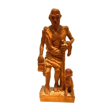 VINTAGE: 1976 - Hand Carved Wood Man with Dog - Buriva Bitina - Man Figurine - Man with Best Friend - Carved Dog - SKU 27-C4-00010077 