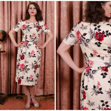 1950s Dress - Charming Vintage 50s Cotton Pique Rose Print Summer Cocktail Dress with Sash 