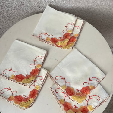 Vintage Set 6 Napkins cotton With Floral orange appliqué Embroidery Edges 10.5” 