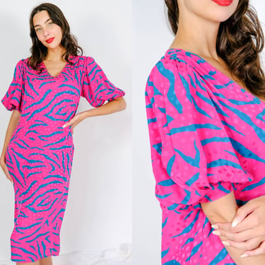 Vintage 80s Flora Kung Pink & Teal Zebra Print Poof Shoulder Dress w/ Animal Jacquard Design | 100% Silk | 1980s Designer Street Boho Dress 