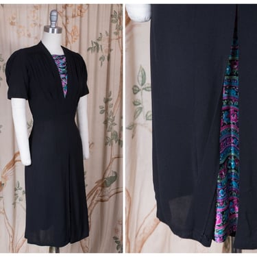 1940s Dress - Striking Vintage 30s/40s Cusp Black Rayon Crepe Dress with Puff Sleeves and Printed Satin Charmeuse Insets 