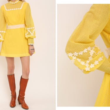 Vintage 1960s 60s Buttercup Yellow Flocked Mini Dress w/ Daisy Lace Detail, High Neckline, Waistline Bow, Huge Bishop Sleeves 