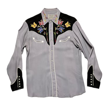 Vintage 1950s H BAR C Rayon Gabardine Western Shirt ~ size S to M ~ Rockabilly ~ Embroidered ~ California Ranchwear 