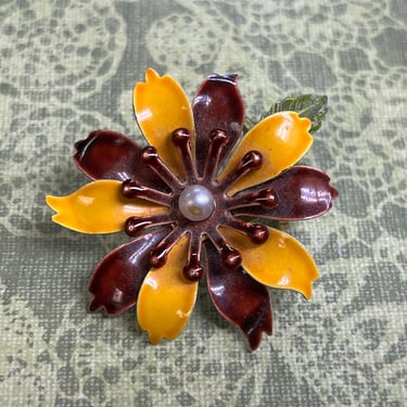 mod enamel flower brooch 1960s yellow and brown floral pin 