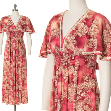 Vintage 1970s Maxi Dress | 70s Floral Print Pink Flutter Sleeve Tie Waist Full Length Day Dress (small/medium) 