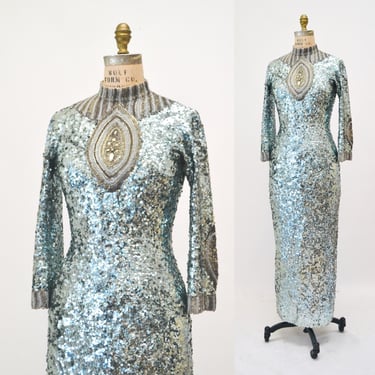 60s Vintage Blue Silver Sequin Stretch Knit Dress Gown Small Medium 60s Long Sleeve Wool Sequin Showgirl Wedding Dress Gown Gene Shelly 