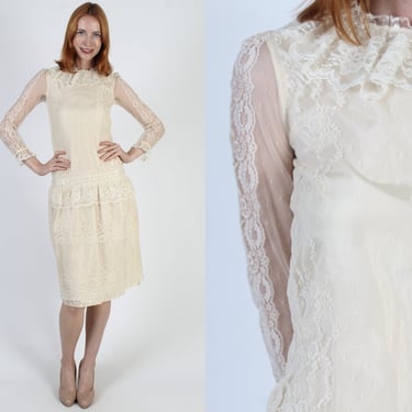 Cream Lace Country Elegance Dress, Vintage 70s Victorian Style Deco Gown, Cottagecore Lace Bridal Drop Waist 