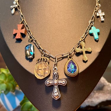 Cross Charm Necklace Mixed Metal Wood Rhinestone Stone Religious Jewelry Gift 