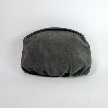 Gray Suede Pouch Purse 1980s Clutch Bag Vintage Genuine Leather Handbag Zip Top Makeup Cosmetics Bag Made in USA Libaire of California 