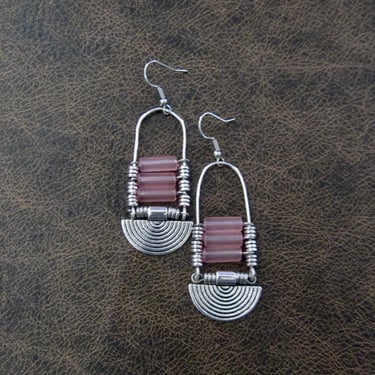 Baby pink sea glass earrings, chandelier earrings, statement earrings, bold earrings, etched metal earrings, tribal ethnic earrings, chic 