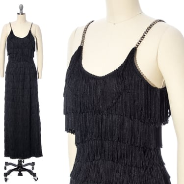 Vintage 1960s Party Dress | 60s Fringe Black Rhinestone Straps Full Length Wiggle Maxi Evening Gown (x-small/small) 