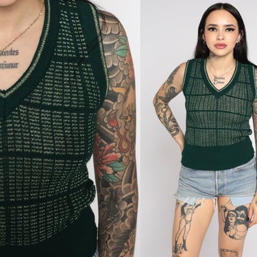 70s Sweater Vest Top Metallic Gold Checkered Knit Tank Top Green Crop Top 1970s Shirt Retro Sleeveless Sweater Vintage Geek V Neck Small S 