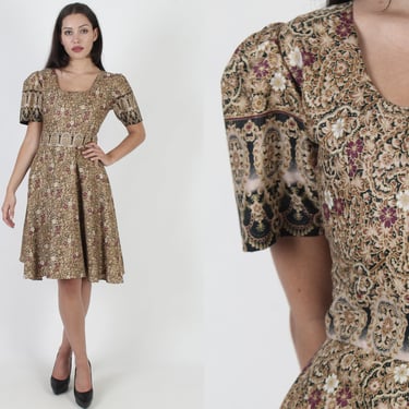 80s Ethnic Ornate Floral Dress - Small Medium / Full Skirt Cotton Prairie Festival Mini Dress 