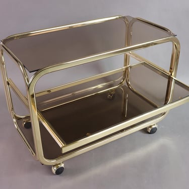 Vintage Gold & Smoked Glass Rolling Table | 3-Tier Coffee or Bar Cart | Mid Century Modern Side Table on Wheels | 2 Available 