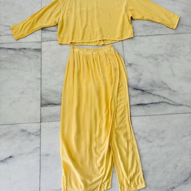 VTG Jules of Morocco Outfit Set Yellow 2 Piece Top Pants Size M/L Boho Lagenlook 