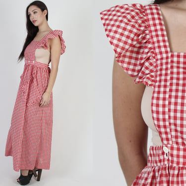 Red Checkered Gingham Pinafore Dress / 70s Country Apron Dress / Americana Folk Prairie Maxi Dress 