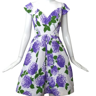 SCAASI- 1980s Floral Taffeta Dress, Size 8