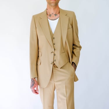 Vintage 70s Yves Saint Laurent Camel Tan Wool Gabardine Three Piece Flare Leg Suit | Made in France | 1970s YSL Designer Tailored Mens Suit 