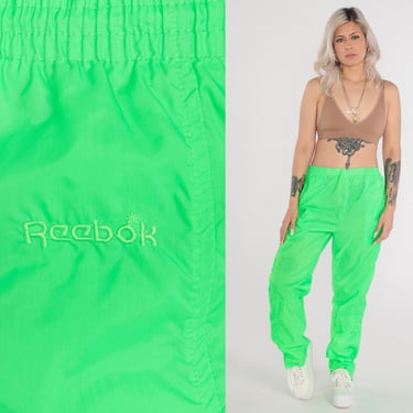 Reebok Track Pants 90s Neon Green Jogging Track Suit Streetwear Nylon Athletic Sports Vintage Gym Jogging Running Joggers Men's Medium 