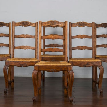 Antique Country French Louis XV Provincial Oak Ladder Back Rush Dining Chairs - Set of 6 