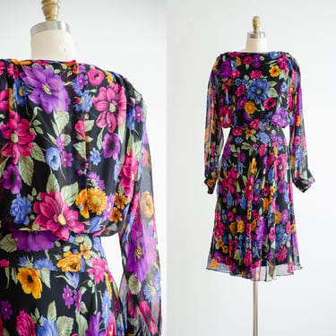 black midi skirt set 80s vintage Anne Crimmins floral silk chiffon bishop sleeve blouse and skirt 