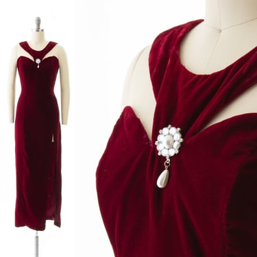 Vintage 1990s Party Dress | 90s Burgundy Red Velvet Strappy High Side Slit Maxi Wiggle 