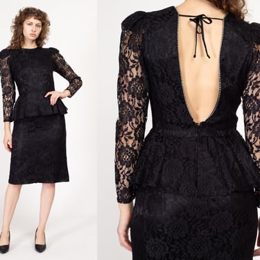 Small 80s Black Lace Backless Peplum Party Dress | Vintage Rhinestone Trim Fitted Waist Long Sleeve Midi Cocktail Dress 