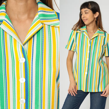 70s Striped Shirt Yellow Green Blue Shirt Short Sleeve Boho Top Geek Nerd Button Up 1970s Collared Medium 