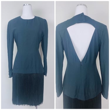 1980s Vintage Rayon / Acetate Black Fringe Mini Dress / 80s Long Sleeve Cut Out Back Fringe Flapper Dress / medium - Large 
