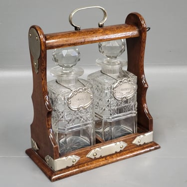 Antique Circa 1900 English Two Bottle Cut Crystal and Oak Tantalus