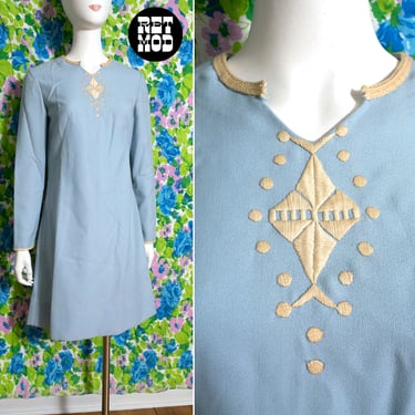 Unique Vintage 60s 70s Light Blue Ethnic Embroidery Shift Dress 